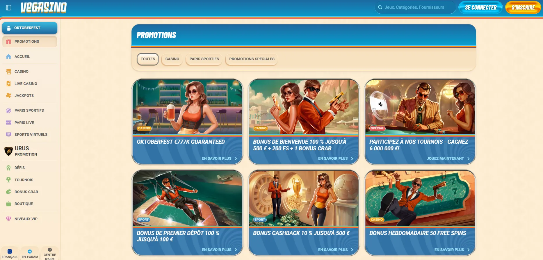 Bonus et promotions Vegasino pour les nouveaux joueurs.